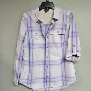 Eddie Bauer Women's Medium Purple Plaid Button Down Long 3/4 Sleeve Shirt